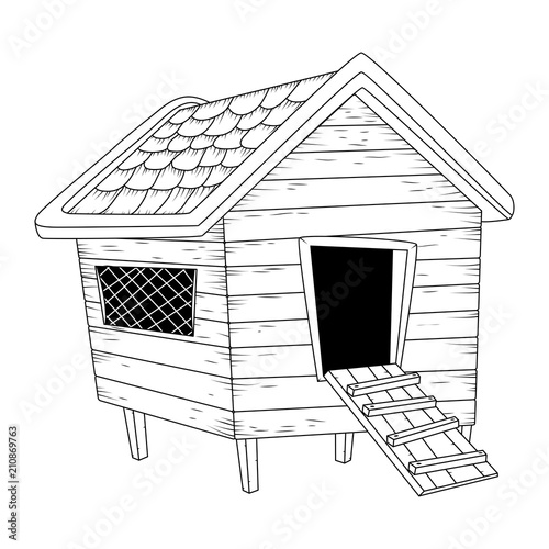 cartoon chicken coop outline isolated on white background