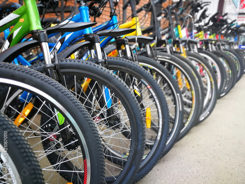 Bicycle shop, rows of new bikes photo