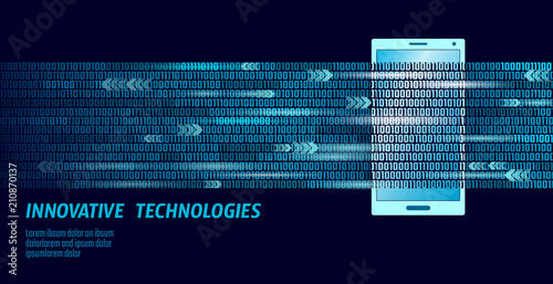 E-book mobile smartphone 3d virtual reality visual imagination mind effect.Big data binary code flow numbers. Creative e-learning reading electronic touch screen blue media vector illustration