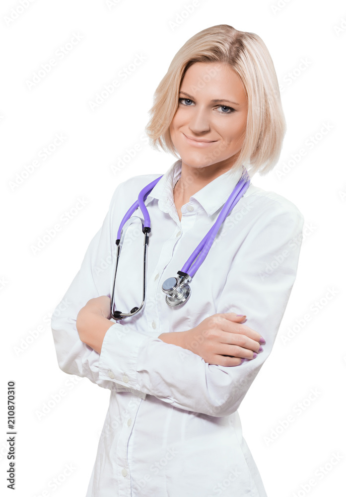 beautiful young female doctor with crossed arms standing smiling beautiful young female doctor with crossed arms standing smiling