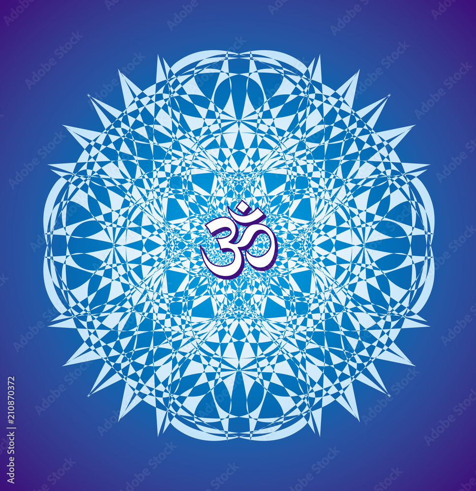 Mandala in blue tones with the Aum / Om / Ohm sign. Openwork ornament. Vector drawing.