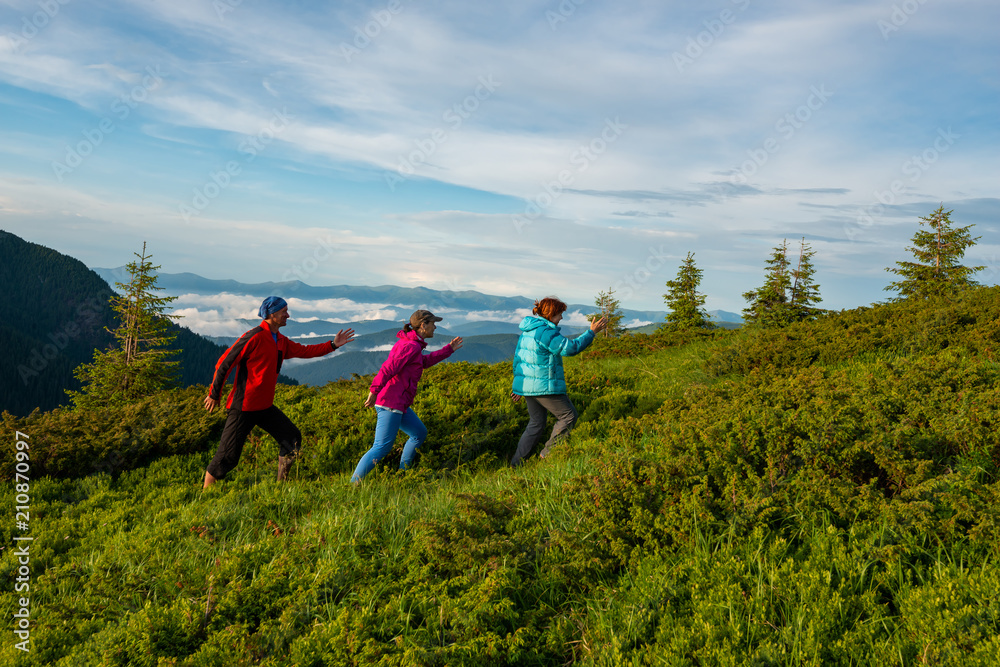 Joyful friends, travelers having fun in mountains