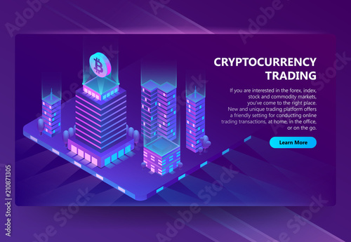 Vector 3d isometric template, site construction for cryptocurrency, mining and trading bitcoin. Portal background with ultraviolet purple city. Buildings for internet page