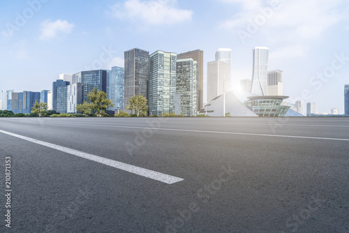 Air highway asphalt road and office building of commercial building in modern city