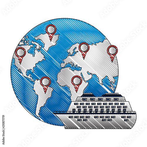 world planet earth with cruice ship and pointer location