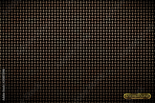 Vector pattern of brass metal grid techno background. Iron grill industrial texture. Web page fill pattern. Technology wallpaper.