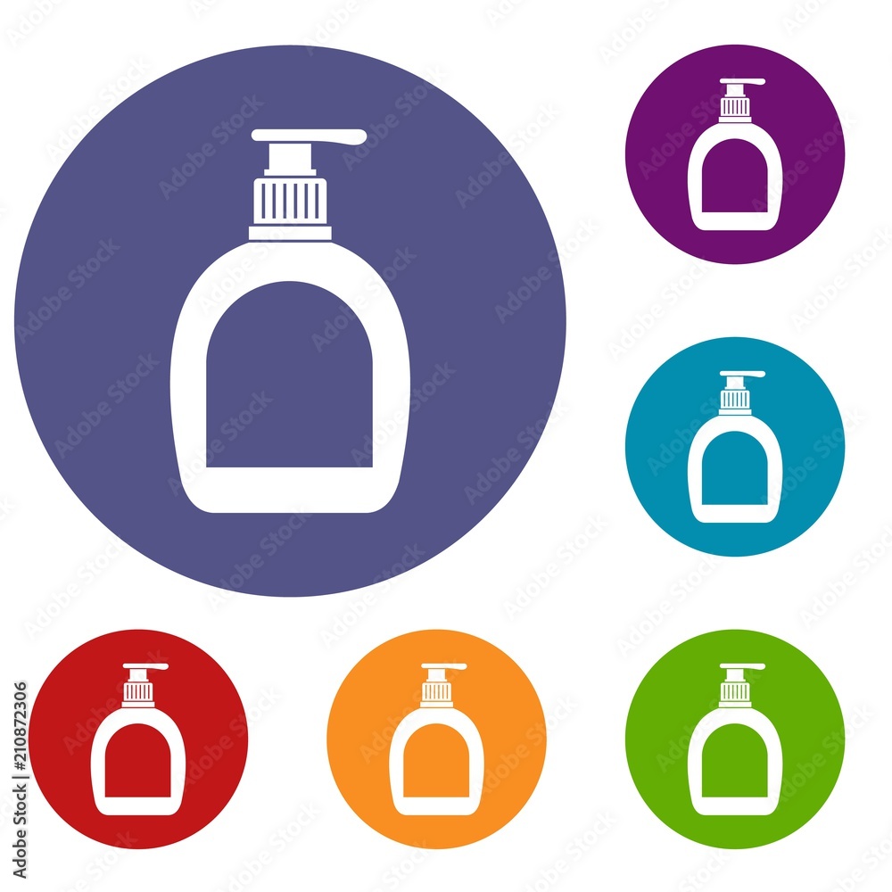 Bottle with liquid soap icons set in flat circle red, blue and green color for web
