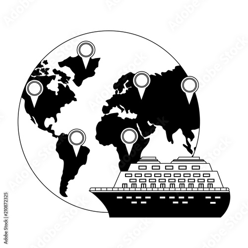 world planet earth with cruice ship and pointer location