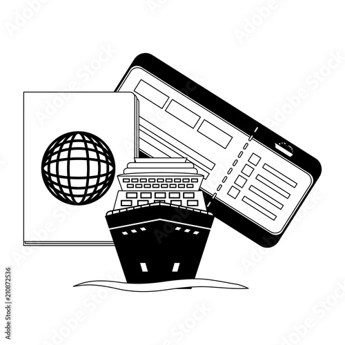 cruice ship with passport and ticket trip isolated icon