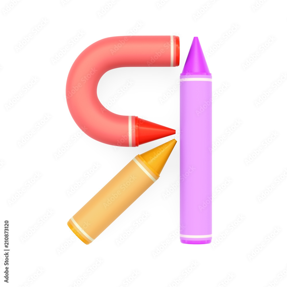 Colored wax crayons assembled like capital letter Ya of Cyrillic alphabet on white background, 3D rendered font image for education, art and childish typography Colored wax crayons assembled like capital letter Ya of Cyrillic alphabet on white background, 3D rendered font image for education, art and childish typography