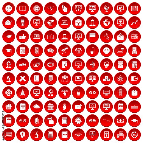 100 e-learning icons set in red circle isolated on white vector illustration