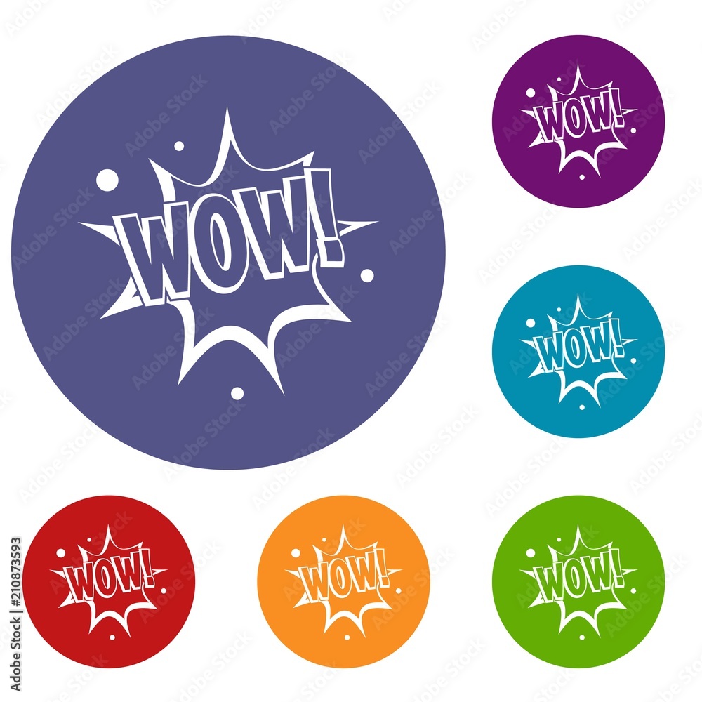 WOW, explosion effect icons set in flat circle red, blue and green color for web WOW, explosion effect icons set in flat circle red, blue and green color for web