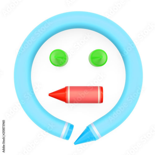 Colored wax crayons assembled like face, emoji, emoticon on white background, 3D rendered