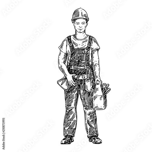 Worker in a helmet with a tool box. Sketch. Engraving style. Vector illustration.