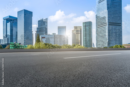 Air highway asphalt road and office building of commercial building in modern city