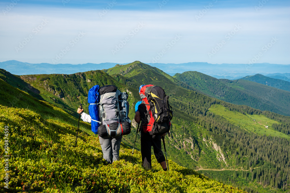 Obraz premium Adventurers with backpacks stands on green mountain slope