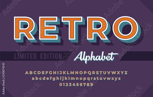 Colorful retro font and alphabet 80s, 90s.