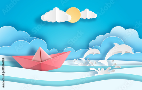 Paper art style of origami boat sailing in the ocean, leadership concept, flat-style vector illustration.