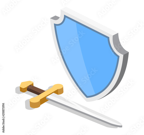 Isometric 3D vector sword and shield. Protection from enemies.