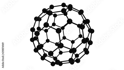 Buckminsterfullerene C60 carbon molecule, black with alpha channel, looping 3D
