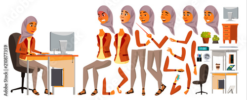 Arab Woman Office Worker Vector. Woman. Animated. Professional Clerk. Adult Business Female. Lifestyle Generator. Lady. Traditional Clothes. Islamic. Hijab. Arab, Muslim. Animation Set. Illustration