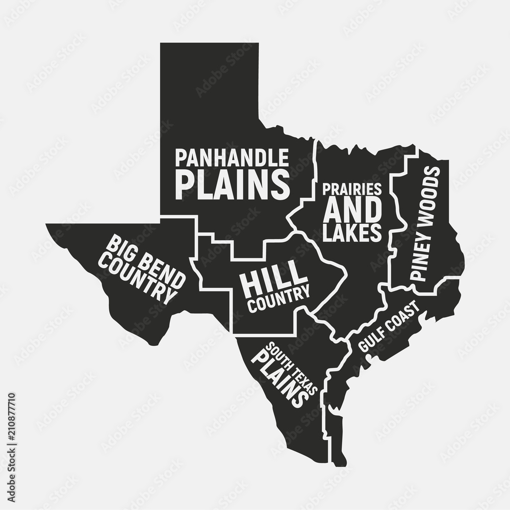 Texas map of regions. Texas US state icon. Poster map. Vector