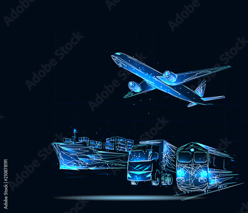 Transportation, import-export and logistics concept. Banner. Abstract image of a starry sky or space, consisting of points, in the form of stars and the universe. Low poly vector