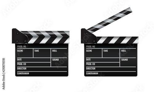 Opened and closed realistic Cinema or film clapper. Illustrated vector.