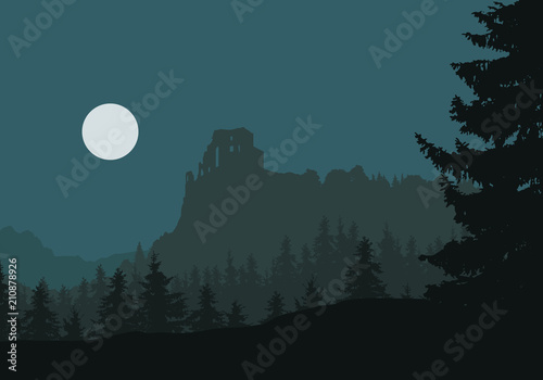 Ruins of a medieval castle on a rock between forests and mountains, under night sky with moon