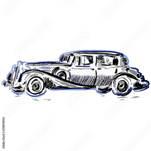 Retro car illustration in black, blue, gray colors. Old timer classic auto vector isolated on white background. Hand drawn vintage car of early 20th century for logo, emblem, prints, posters