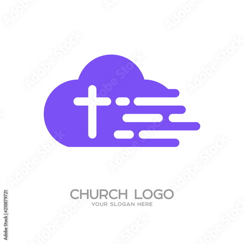 Church logo. Christian symbols. Cross of Jesus Christ against the background of a cloud