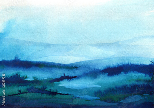 Hand painted blue watercolor background. Watercolor wash. 