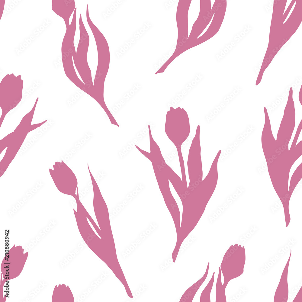 Fototapeta premium Tulip spring flower silhouette pink seamless pattern texture background wallpaper vector