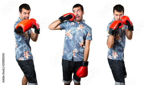 Set of Handsome man with flower shirt with boxing gloves