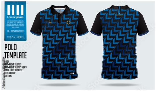 Blue Arrow Polo t-shirt sport template design for soccer jersey, football kit or sportwear. Sport uniform in front view and back view. T-shirt mock up for sport club. Vector Illustration.