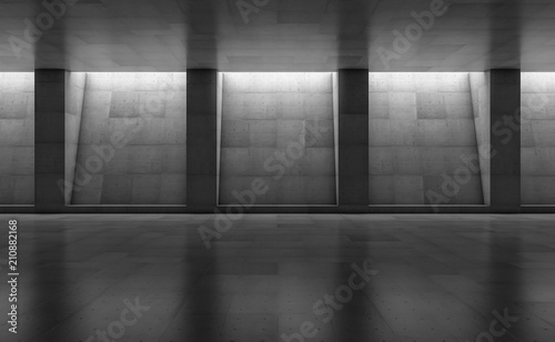 Abstract concrete showroom with columns. Modern geometric design. Gray floor and wall background. 3d rendering