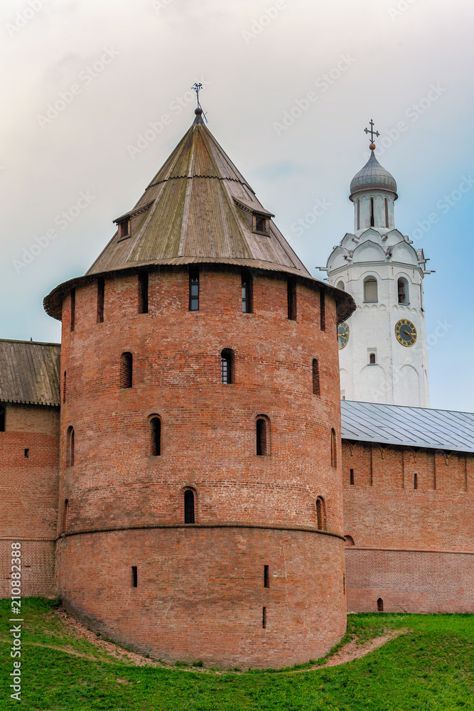 Wall and towers of Veliky Novgorod Kremlin (Detinets-stronghold).