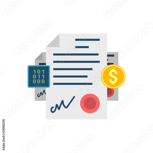 Smart Contract Concept, Dollar, Binary Code Flat Related Vector Icon. Isolated on White Background.