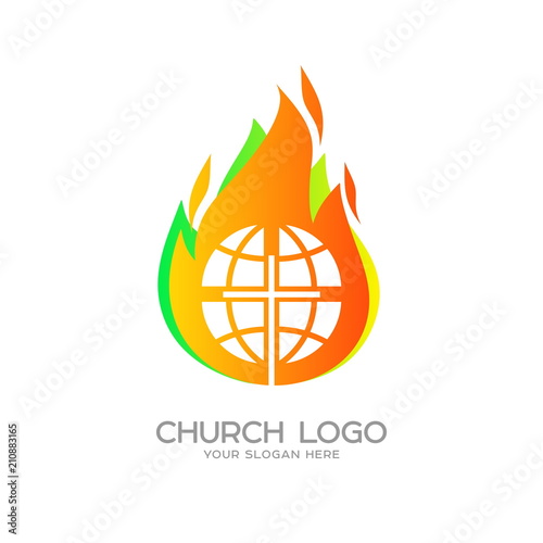 Church logo. Christian symbols. Globe, the cross of Jesus Christ against the background of the flame of the Holy Spirit