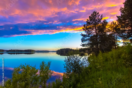 Summer night lake view from Sotkamo  Finland.