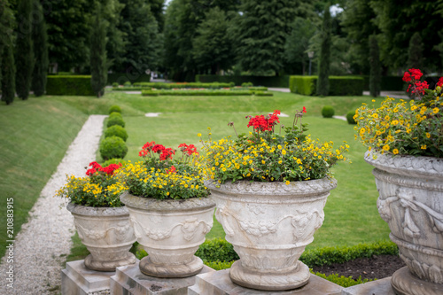 Red and yellow flowers in decorated stone flower pots in Volksgarten, Vienna
