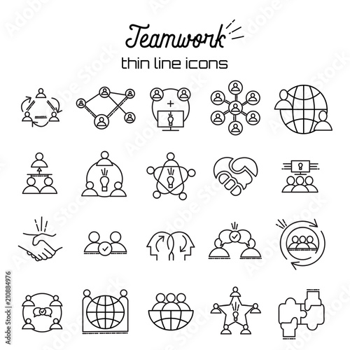 Business teamwork icon set in thin line style Team, partnership, organization structure line icons Vector