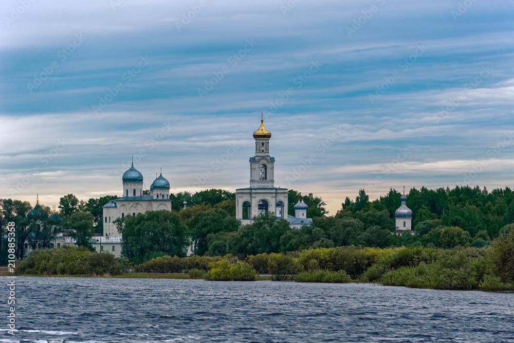The St. George's (Yuriev) Orthodox Male Monastery on the banks of The Volkhov River. Veliky Novgorod, Russia.