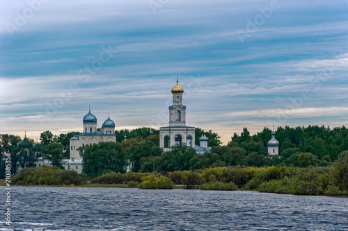 The St. George s  Yuriev  Orthodox Male Monastery on the banks of The Volkhov River. Veliky Novgorod  Russia.