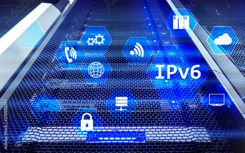 Ipv6 network technology concept on server room background.