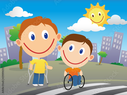Disabled children crossing the road