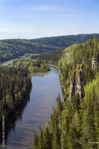 Landscape - wooded canyon of the northern river with rocks, a top view (the Usva river in the Middle Urals, Russia)