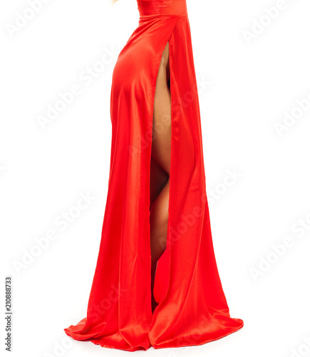 Body part sexy dress. Close up female legs red dress, Isolated on  white background.