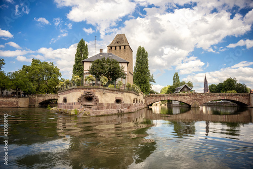 Strasbourg, medieval bridge Ponts Couverts in the tourist area "Petite France". Alsace, France.