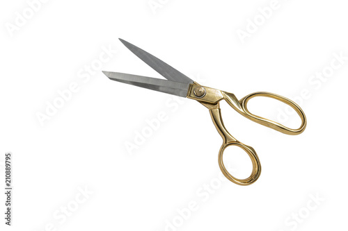 Scissors with golden handle on isolated white background